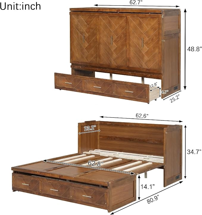 Bellemave Queen Murphy Bed with Charging Station and Storage, Farmhouse Murphy Bed with Foldable Panel for Guest Bedroom, Living Room, Office, Walnut