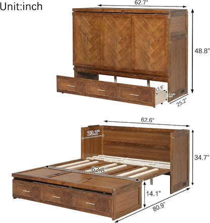 Bellemave Queen Murphy Bed with Charging Station and Storage, Farmhouse Murphy Bed with Foldable Panel for Guest Bedroom, Living Room, Office, Walnut