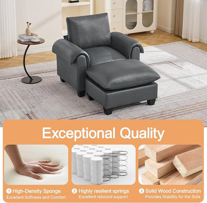44.5" Faux Leather Single Sofa with Movable Ottoman, Oversized Accent Chair with Curved Armrests, Cloud Modern Sofa Upholstered Reading Lounge Armchair for Living Room, Bedroom，Grey