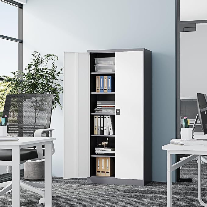 Fesbos Metal Storage Cabinet-71” Tall Steel File Cabinets with Lockable Doors and Adjustable Shelves-Gray&White Steel Storage Cabinet for Home,Kitchen, School, Office, Garage