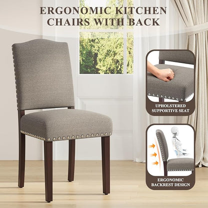 Upholstered Parsons Dining Chairs Set of 4, Modern Dining Room Chairs with Back, Fabric Kitchen Side Chairs with Wood Legs, Nailhead Trim for Dinner Farmhouse Restaurant, Taupe