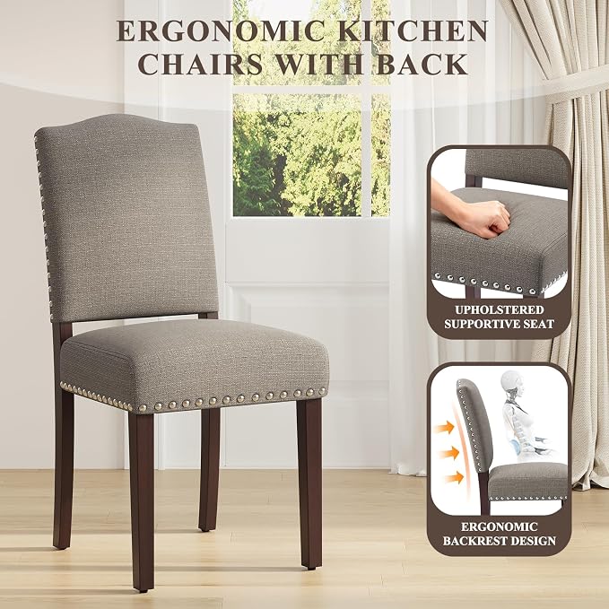 Upholstered Parsons Dining Chairs Set of 6, Modern Dining Room Chairs with Back, Fabric Kitchen Side Chairs with Wood Legs, Nailhead Trim for Dinner Farmhouse Restaurant, Taupe