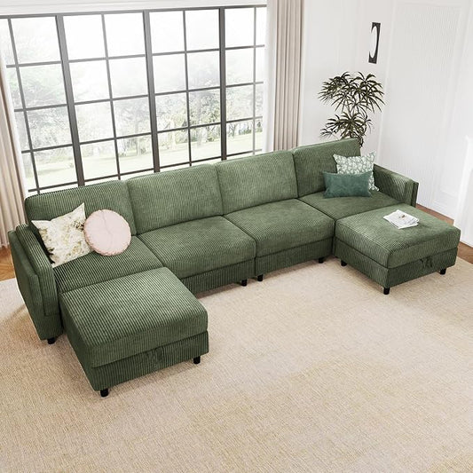 KKL Modular Sectional Sofa Bed with Storage Ottoman, Convertible L/U-Shaped Sleeper Couch for Living Room, Modern Reversible Design(Green,6 Seater U Shape)