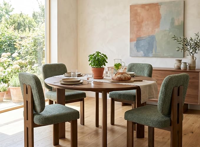 CIMOTA Chenille Dining Chairs Set of 2, Modern Upholstered Side Chairs with Walnut Wooden Frame and Contoured Backrest, Mid-Century Inspired Accent Chairs for Dining Room, Green