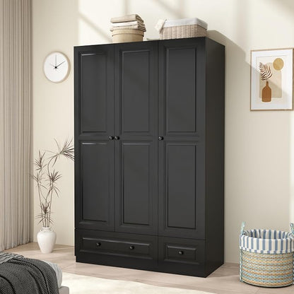 Armoire Wardrobe Closet with Drawers: 47" Black Wardrobe Closet with 3 Doors and 2 Drawers, Wood Clothes Armoire with Hanging Rod, Clothing Storage Cabinet for Bedroom