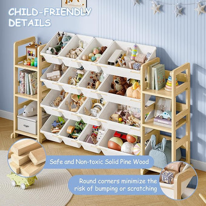 EXPERLAM Extra Large Toy Storage - Toy Storage Organizer, Wooden Toy Organizer with 6 Side Shelves and 16 Bins, 3-in-1 Bookshelf for Kids Rooms, Playroom, Nursery, White