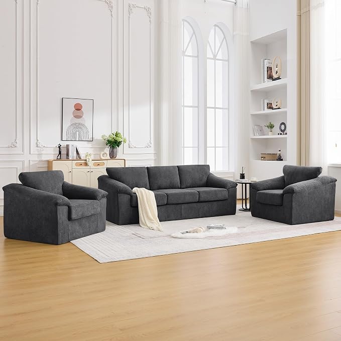 Boneless Couch Sets, Modern 3 Seater Sofa with 2 Accent Chairs, Floor Cloud Couch Sets with Extra Comfy Soft Deep Seats for Living Room, Apartment, No Assemby, Set of 3, Dark Gray