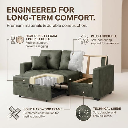 TYBOATLE Convertible Sofa Bed Couch with Reversible Storage Chaise, 71" L Shaped Pull Out Couch Bed, Comfy Linen Fabric Sleeper Sofa for Living Room, Apartment & Guest Room (Green)