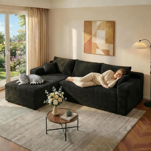 JINGLING 94" L Shape Couch with Left Chaise, Memory Foam Boneless Sectional Sofa in a Box, No Assembly Modular Small Couches for Small Spaces, Living Room, Apartments, Plush Corduroy, Black
