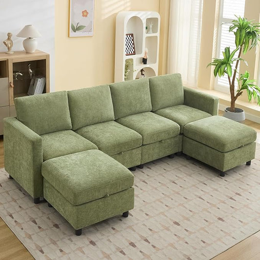 WUTUTUEE 107”Modular Sectional Sofa Convertible U Shaped Sofa Couch Set with Storage for Living Room, Modern 6 Seater Modular Sectional Couch with Movable Ottoman, Chenille(Green)