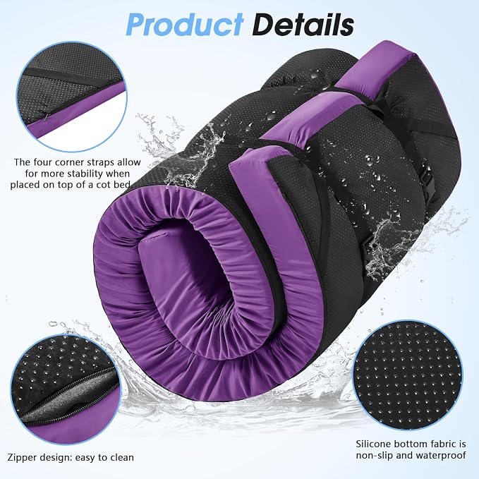CYMULA 3 Inch Memory Foam Camping Pad, Camping Essentials Roll Up Floor Mat for Car Camping, Cot, Tent, Truck, Travel and Guest Use, Non-Slip Waterproof Bottom, Removable Cover