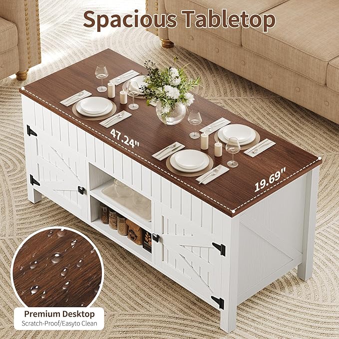 47.3“ Lift Top Coffee Table with Storage - White Coffee Tables for Living Room, Farmhouse Wood Center Table, Large Rectangle Middle Tables with Hidden Compartment & Adjustable Shelf