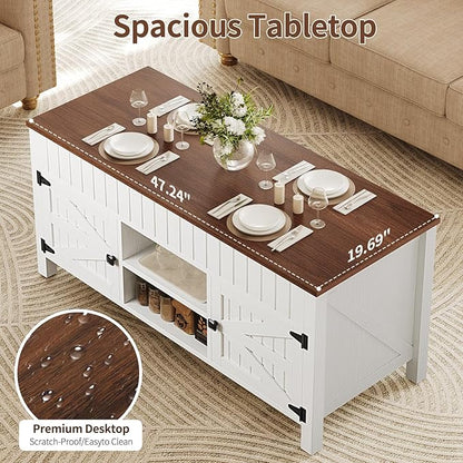 47.3“ Lift Top Coffee Table with Storage - White Coffee Tables for Living Room, Farmhouse Wood Center Table, Large Rectangle Middle Tables with Hidden Compartment & Adjustable Shelf
