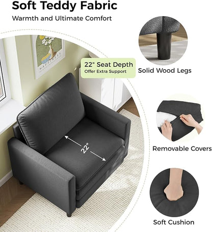 Welzona 3-Layers Cloud Accent Chair, 33" Reading Chair for Bedroom, Living Room - Tool-Free Assembly with Teddy Fabric Couch Chair - Grey - Arm Chairs - Removable Washable Covers - 450lb Capacity
