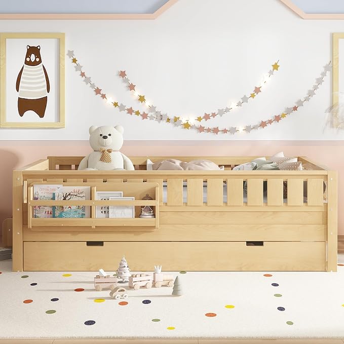 Bellemave Queen Kids Montessori Bed with Stairs, Bookshelf and Trundle, Solid Wood Kids Bed Frame with Storage for Boys Girls, Low Profile,Light Natural