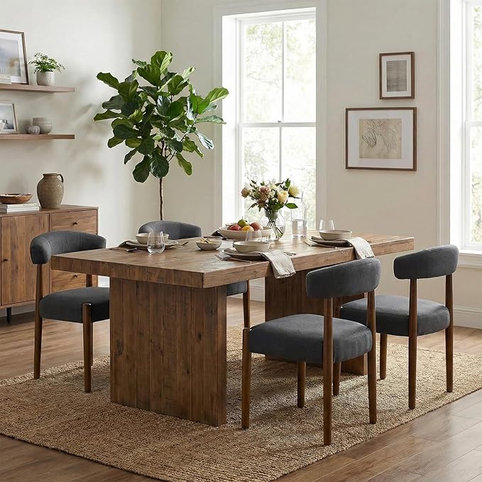 VKNOW Wooden Dining Chairs Set of 4, Modern Upholstered Dining Room Chairs with Walnut Wood Legs and Curved Backrest, Fabric Kitchen Chairs for Farmhouse/Living Room/Dining Room, Charcoal