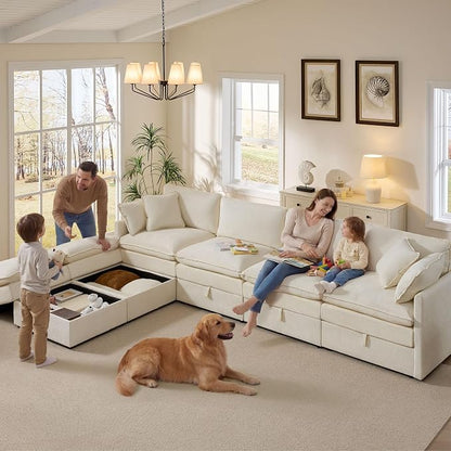 Ihanherry 135” Modular Sectional Sofa with Storage, U Shaped Cloud Couch with Movable Ottomans & 4 Pillows, Chenille Deep Seat Sectional Couches for Living Room, Apartment (Beige)