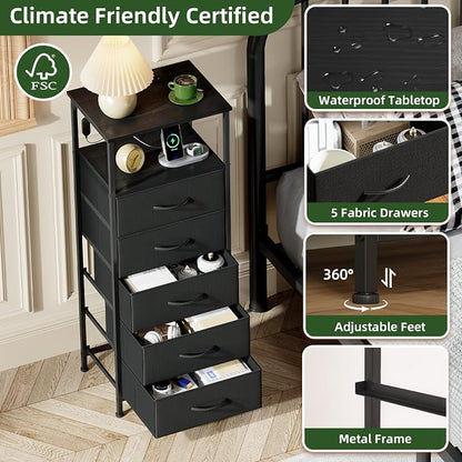 Somdot Black Nightstand with Charging Station and LED Light for Bedroom, Tall 5 Drawers Dresser with Fabric Bins for Bedside Kids Dorm Room Closet Laundry Entryway, Black