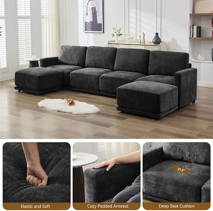 110.6" L Shaped Sectional Sofa, Modular Cloud Deep Seat Couch with Movable Ottoman, Oversized Thicked 4-Seats Sofas for Living Room, Chenille Black