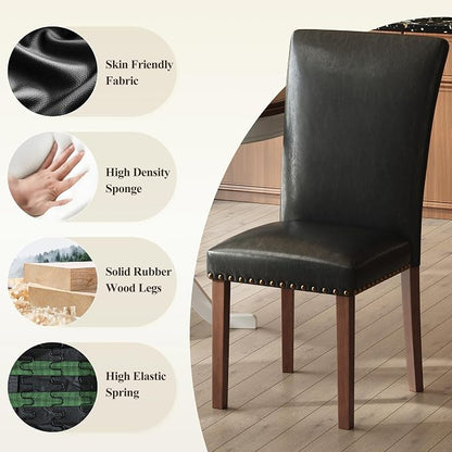COLAMY Parsons Dining Chairs Set of 6, PU Leather Dining Room Kitchen Side Chair with Nailhead Trim and Wood Legs - Black