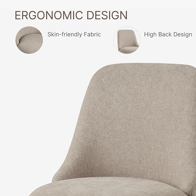 KISLOT Swivel Dining Chairs Set of 2, Upholstered Mid Century Modern Deskchair with High Back, Linen Fabric Kitchen Chairs for Dining Room, Bedroom, Dressing Room, Khaki