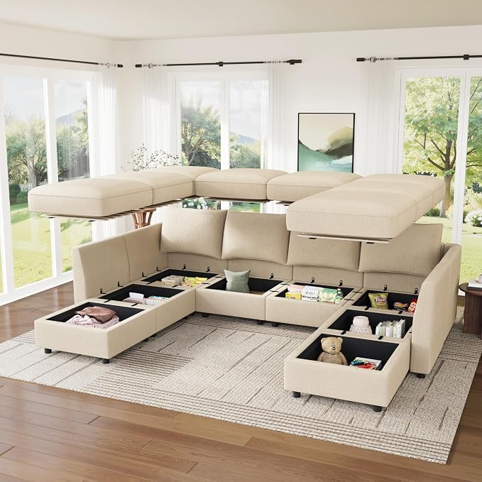 HONBAY Modular Sectional Sofa Couch with Storage, Modern U Shaped Sectional Sofa, Convertible Couches for Living Room - Beige