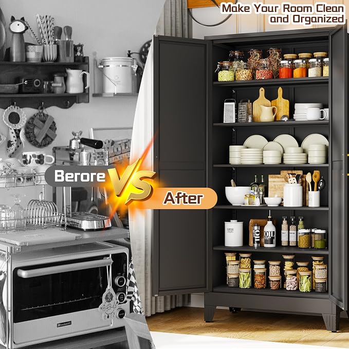 PAOFIN 75" Metal Kitchen Pantry Cabinet,Black Storage Cabinet with Doors and 5 Adjustable Shelves, Cabinet with 2 Metal Handles,Tall Cabinet for Livingroom,Pantry, Bathroom,Kitchen