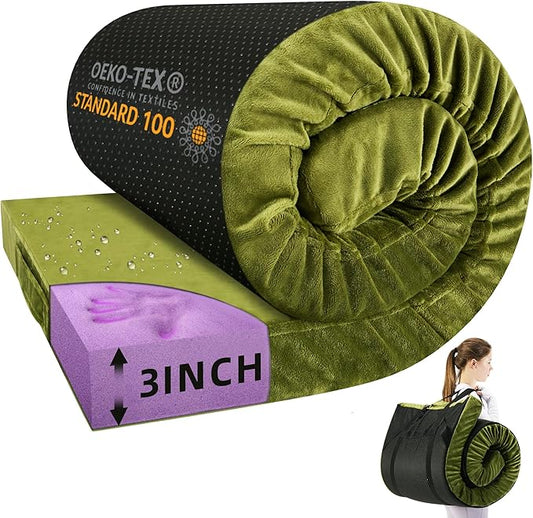 BDEUS Memory Foam Camping Mattress Pad 3inch Cot Size Waterproof Roll Up Bed Sleeping Mat for Adults Portable Roll Up Mattress for Travel Guest Floor Bed Cot Mattress Pad for Car, Tent