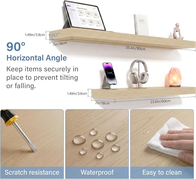 Floating Shelves for Wall, Bathroom Shelves Over Toilet, Wall Shelves & Book Shelf for Room, Hanging Shelf, Modern Wooden Mounted Floating Shelves, 36x7x1.5 in (Oak, Set of 2)