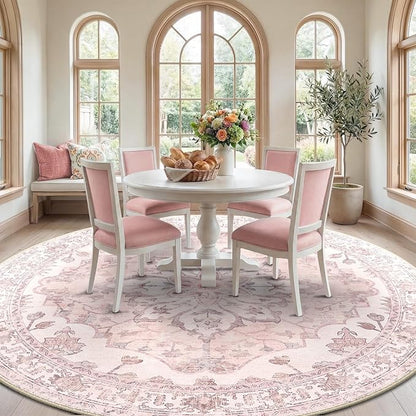RELEANY Area Rugs Round 10ft Washable Non-Slip, Floral Vintage Distress Medallion Carpet for Living Room Bedroom Dining Room, Pink Greypink Cute