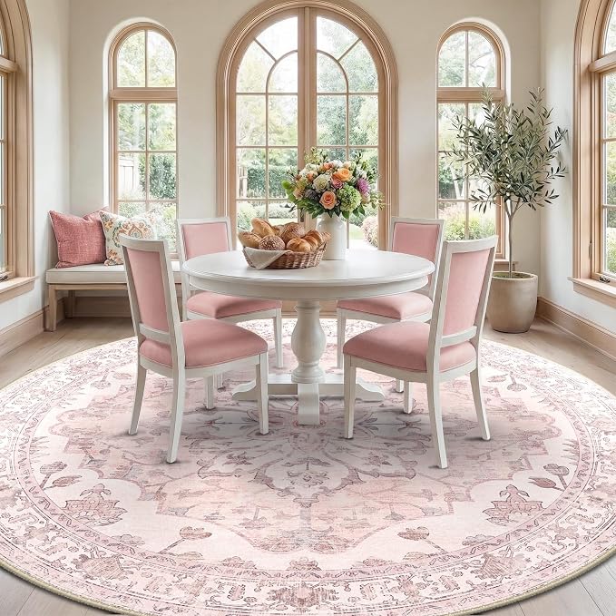 RELEANY Area Rugs Round 8ft Washable Non-Slip, Floral Vintage Distress Medallion Carpet for Living Room Bedroom Dining Room, Pink Greypink Cute