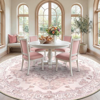 RELEANY Area Rugs Round 8ft Washable Non-Slip, Floral Vintage Distress Medallion Carpet for Living Room Bedroom Dining Room, Pink Greypink Cute