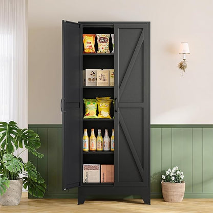 RAVIGIN Farmhouse Storage Cabinet,72" H Metal Pantry Cabinet with Barn Doors and Adjustable Shelves,72" H 6-Tier Rustic Pantry Organizers for Kitchen,Dining Room,Black