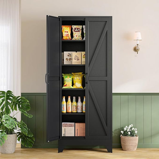 RAVIGIN Farmhouse Storage Cabinet,72" H Metal Pantry Cabinet with Barn Doors and Adjustable Shelves,72" H 6-Tier Rustic Pantry Organizers for Kitchen,Dining Room,Black