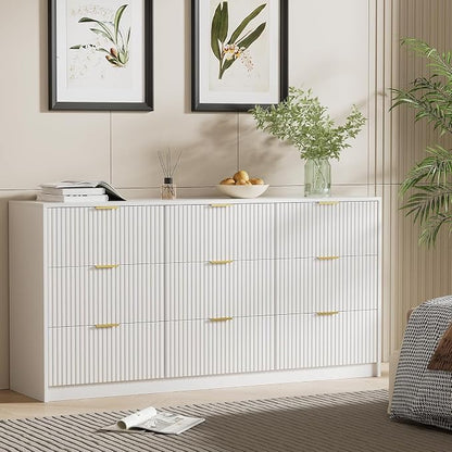 Furniway 9 Drawer White Dresser for Bedroom, 63" Modern Fluted Dresser with Gold Handles and Smooth Slides, Wide Chest of Drawers for Closet, Living Room, Hallway
