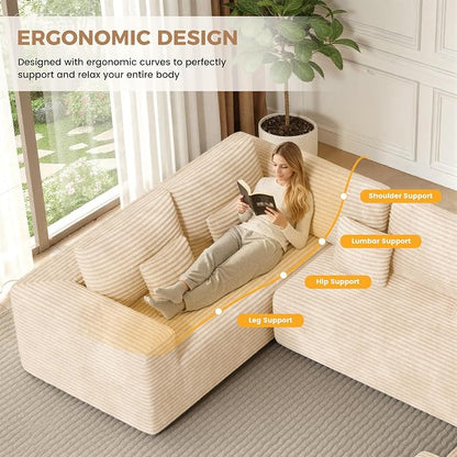 Luxanimarion 136'' Sectional Cloud Couches with Chaise, U Shaped Boneless Oversized 6 Seater Sofa, No Assembly Required Deep Seat Lounge for Living Room 3PCS Set, Bedroom(Khaki)