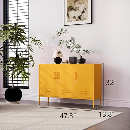 32" Wide 3-Door Lockable Metal Storage Cabinet with Accent Cabinet Locker, Heavy Duty Home Tool Cabinet, 2 Removable Shelves & Easy Assembly, for Home, Office, Entryway and Hallway Yellow