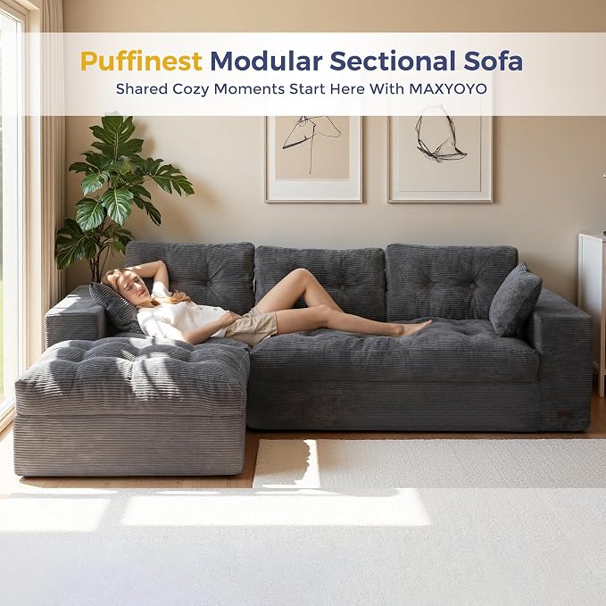 MAXYOYO 96" L Shaped Modular Sectional Sofa with Ottoman, Cloud Boneless Couch with Layered Cushion, Upholstered Sofa in a Box, Flexible Module Combination for Living Room, No Assembly, Dark Grey