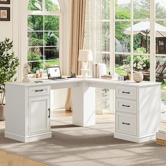 Vabches Farmhouse 59" L-Shaped Executive Desk with Drawers, Wood Home Office Corner Desk with File Drawer, Storage Cabinet, Rustic Computer Writing Desk for Home Office Cream White
