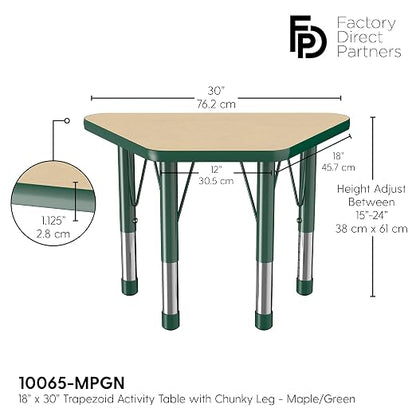 FDP Trapezoid Activity School and Classroom Kids Table (18 x 30 inch), Chunky Toddler Legs for Collaborative Seating Environments, Adjustable Height 15-24 inches - Maple Top and Green Edge