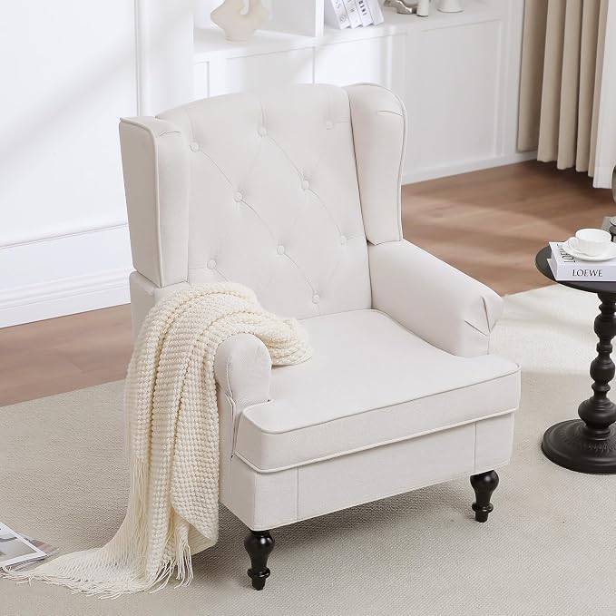 Accent Chair Set of 2, Mid Century Modern Fabric Wingback Chair, Upholstered Armchair with High Back and Vintage Legs, Comfy Single Sofa Side Reading Chair for Living Room Bedroom, Beige