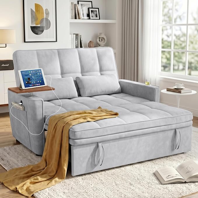 54'' Sleeper Sofa Bed, Convertible Pull Out Couch Futon for for Living Room,Apartment (Midgrey) Side Desk, USB Ports, Cup Hold, Velvet Fabric, Adjustable Backrest, Easy Assembly