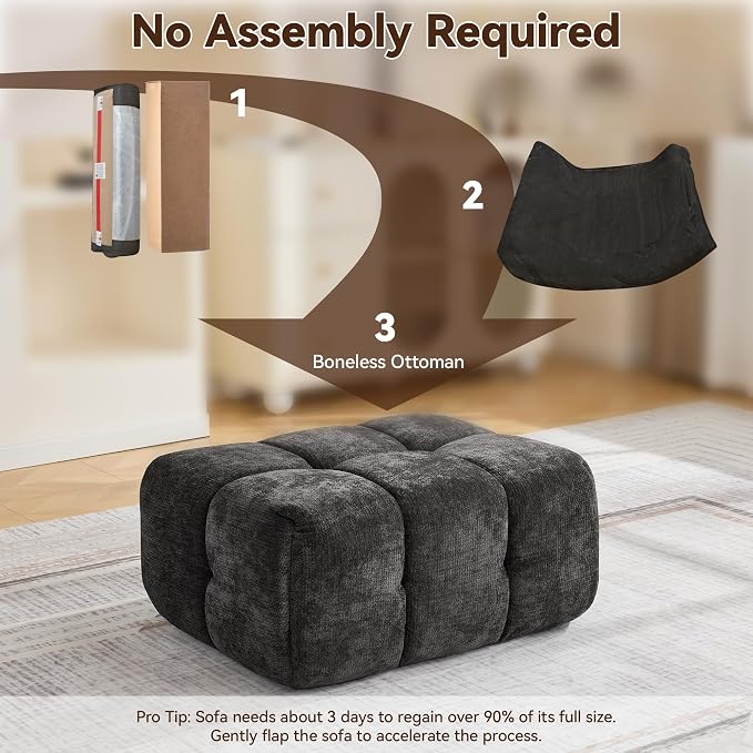 Large Boneless Ottoman, Upholstered Cloud Ottomans for Couch, Oversized Modern Foot Rest for Sectional Couches for Living Room, Foot Stools No Assembly Required, Tufted Ottoman, Dark Grey