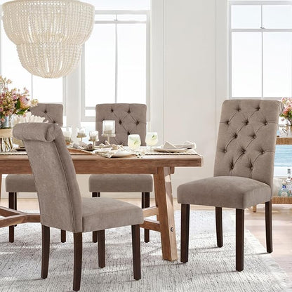COLAMY Button Tufted Dining Chairs Set of 6, Parsons Upholstered Fabric Dining Room Chairs Kitchen Chairs with Wood Legs and Padded Seat, Taupe