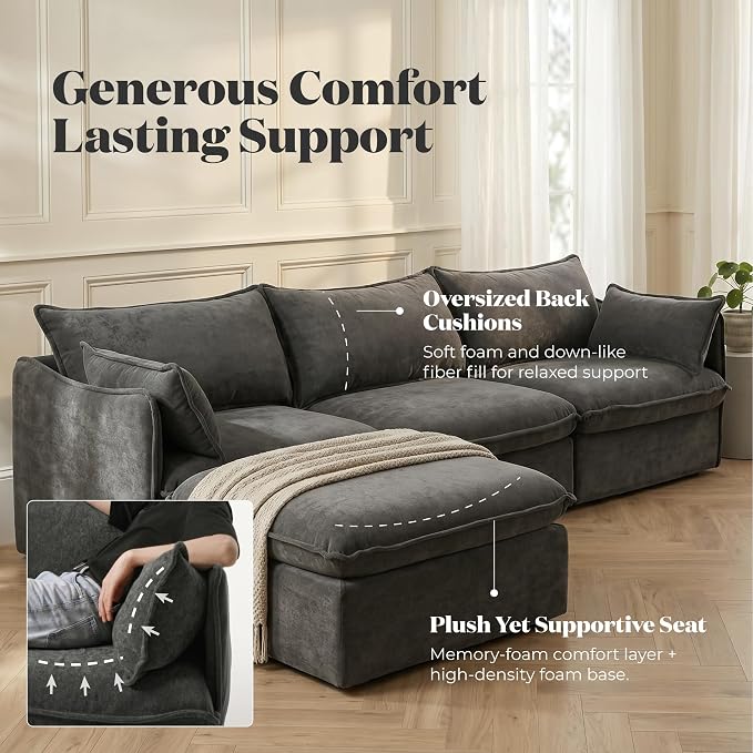Cloud Loveseat Sofa, Oversized Deep Seat, Luxe Chenille | Fully Removable Washable Covers, Memory Foam Seat Cushions, Premium Fabric