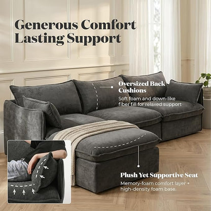 Cloud Modular Hosting Sectional, Oversized Deep Seat Comfort, Luxe Chenille | Fully Removable Washable Covers, Memory Foam Seat Cushions, Storage Ottoman, Premium Fabric