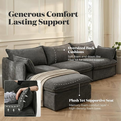 Cloud Modular Sectional Sofa, Oversized Deep Seat Comfort, Luxe Chenille | Fully Removable Washable Covers, Memory Foam Seat Cushions, Storage Ottoman, Premium Fabric