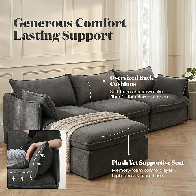 Cloud Modular Sectional Sofa, Oversized Deep Seat Comfort, Luxe Chenille | Fully Removable Washable Covers, Memory Foam Seat Cushions, Storage Ottoman, Premium Fabric