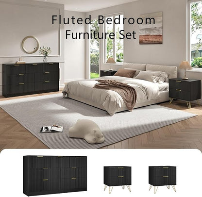 7 Drawer Dresser and Nightstand Sets for Bedroom, 3 Pcs Bedroom Set，Night Stand Set of 2 & 7 Drawer Dresser with Gold Handles, Modern Wood Chest of Drawers Storage Cabinet Set, Black