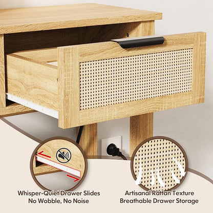 Luoxiao Entryway Table with Outlets & USB-C, 3 Drawers Rattan Console Table | Narrow Entry Table with Open Shelf, Anti-Tip, Easy Assembly, Boho Front Entrance Hallway Foyer Storage, 47 Inch, Natural Wood